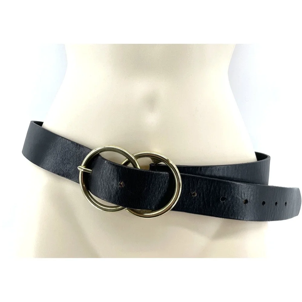 Black Leather Belt Double Ring Boho Artisan 1.5